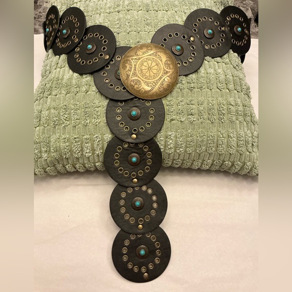 Womans Western Cowgirl Turquoise and Black Chunky Disc Belt Adjustable  OS - Picture 8 of 9